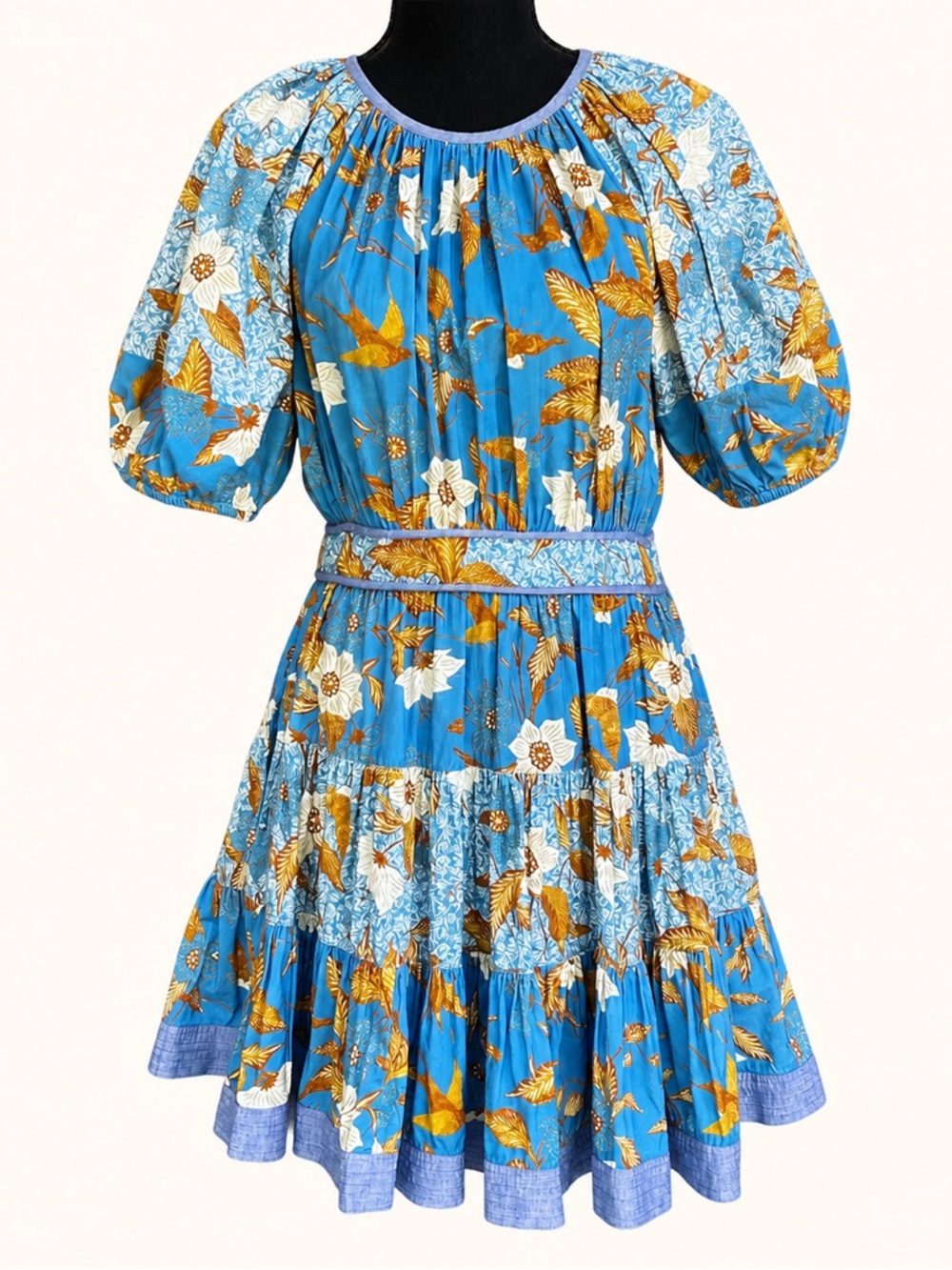 Ulla Johnson Blue Floral Puff Sleeve Tiered Mini Dress Size 6 NWT